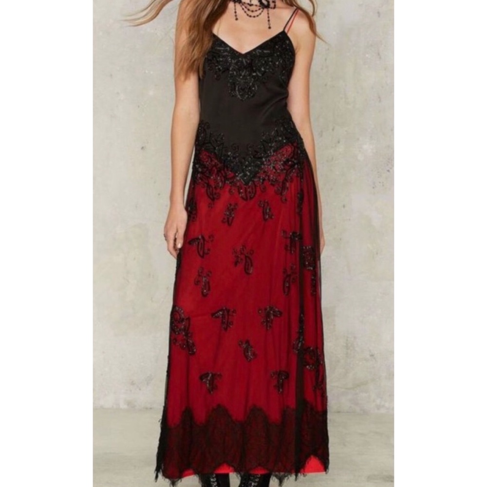 Nasty Gal Black and Crimson Lace and Beaded Dress